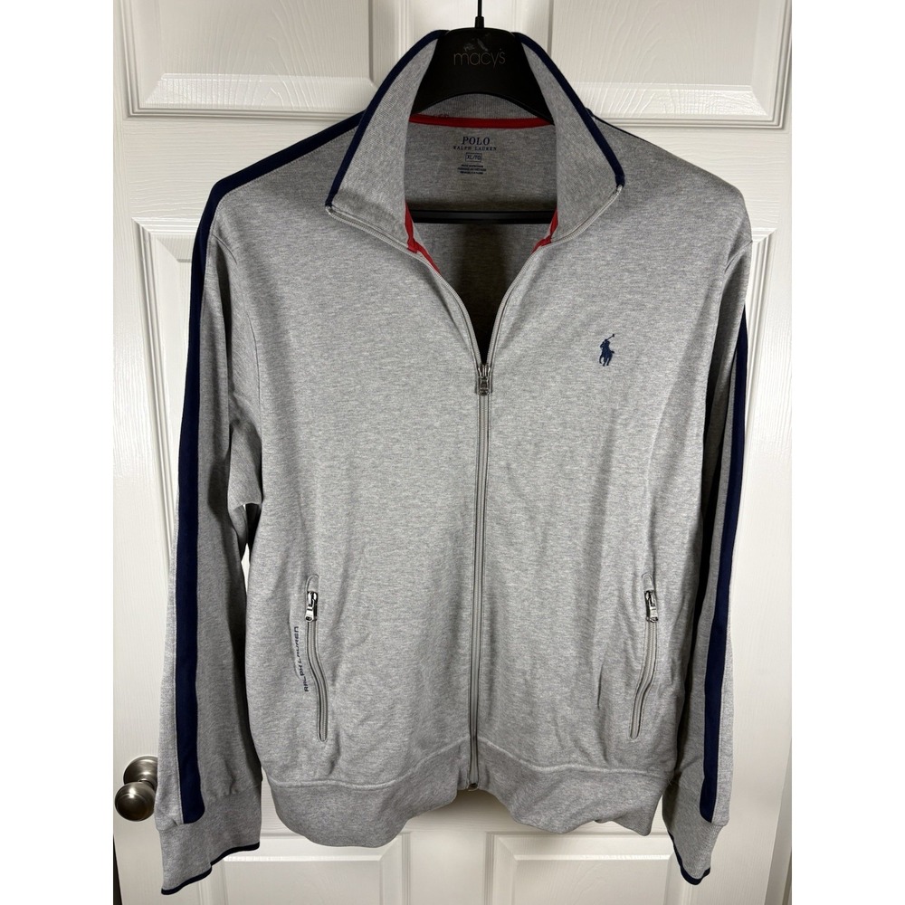 Polo Ralph Lauren Men's Full Zip Track Jacket Gray Navy Blue Sleeve Stripe XL